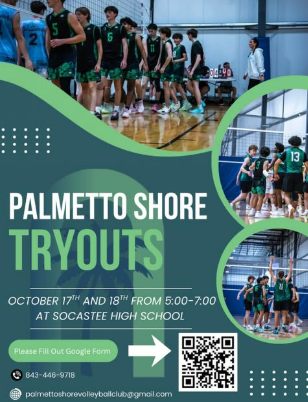 Palmetto Shore tryouts flyer showing October 17 and 18, 5 to 7 PM at Socastee High School, with a registration QR code